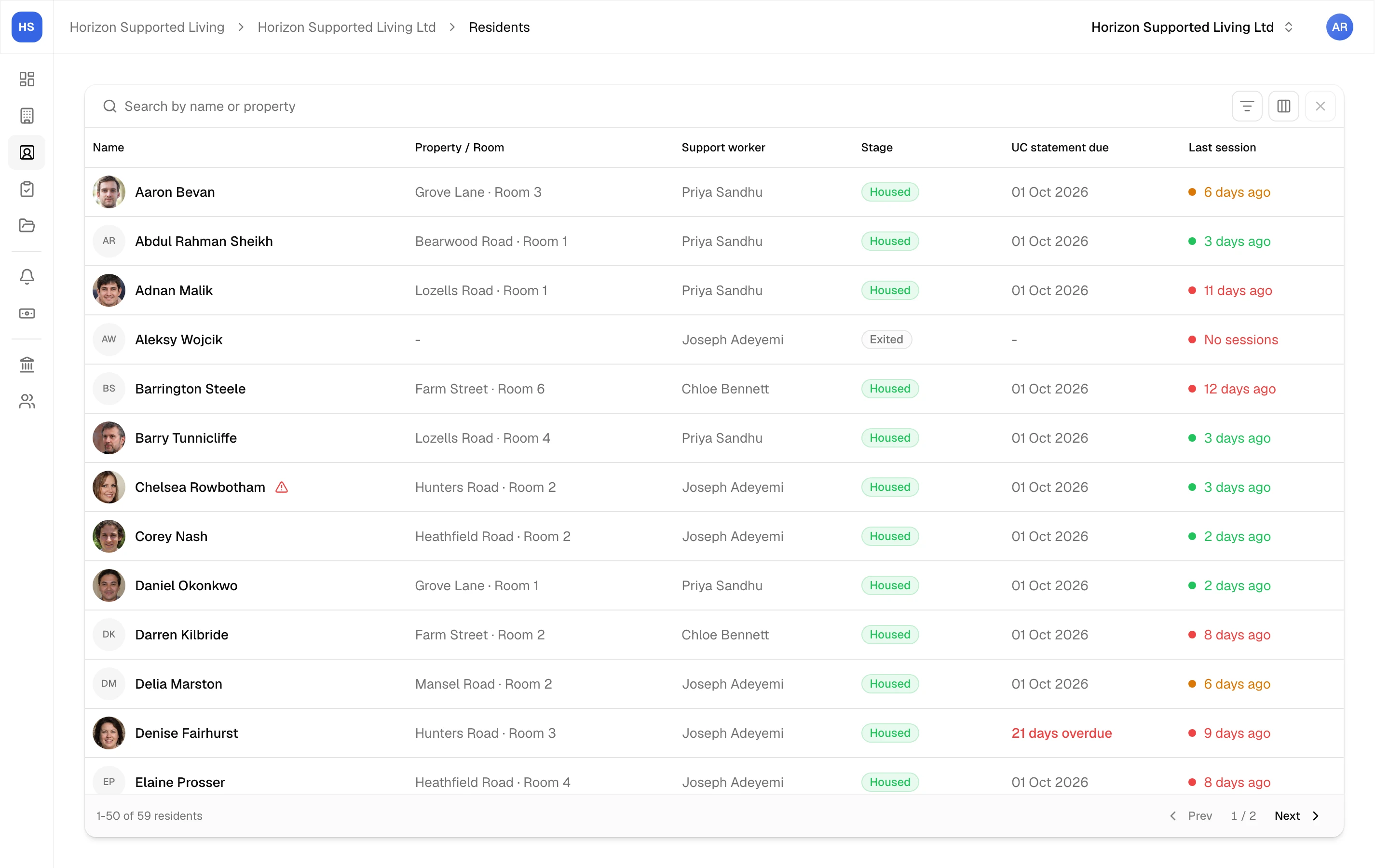 A resident record in Keystone, showing their placement, room and the support sessions logged against them.